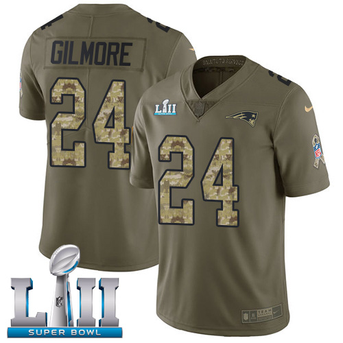 Nike Patriots #24 Stephon Gilmore Olive/Camo Super Bowl LII Men's Stitched NFL Limited Salute To Service Jersey
